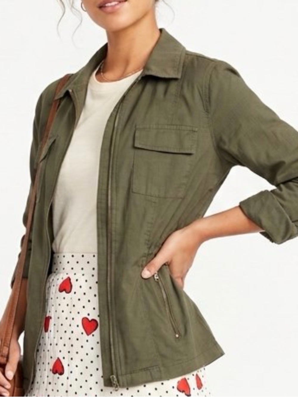 Chico's Olive Green Zip Utility Field Jacket Lightweight Sz-4. (Chicos 0). U9.